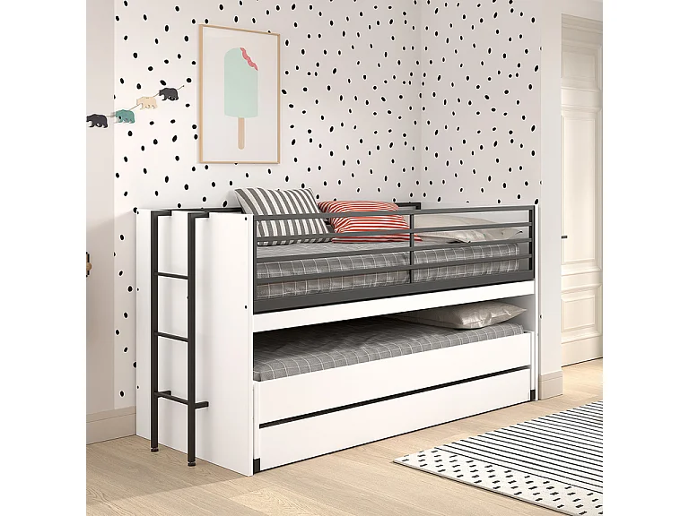 Halfhoogslaper 90x200 wit Vipack Sam met lattenbodem en lades, inclusief logeerbed