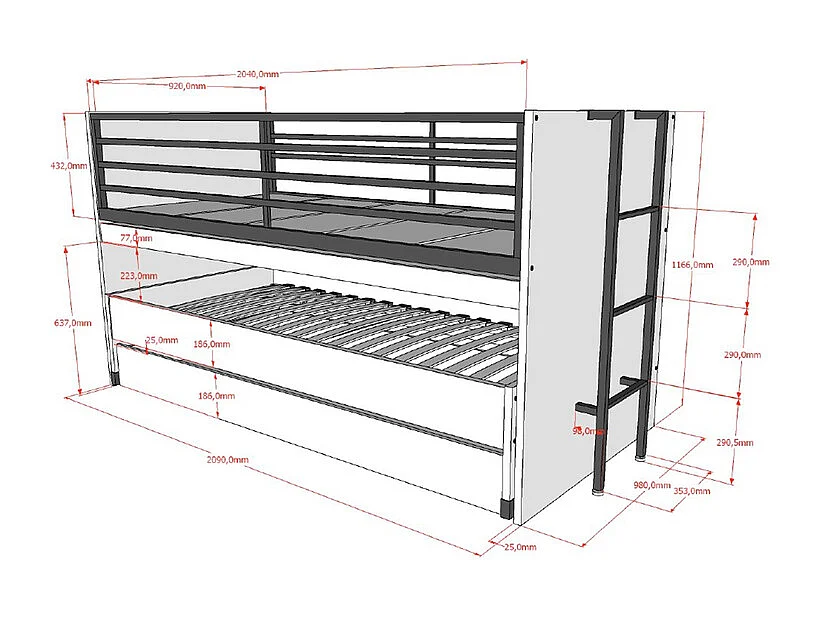 Halfhoogslaper 90x200 wit Vipack Sam met lattenbodem en lades, inclusief logeerbed