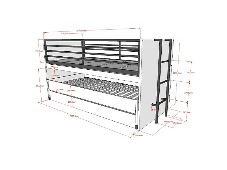 Halfhoogslaper 90x200 wit Vipack Sam met lattenbodem en lades, inclusief logeerbed