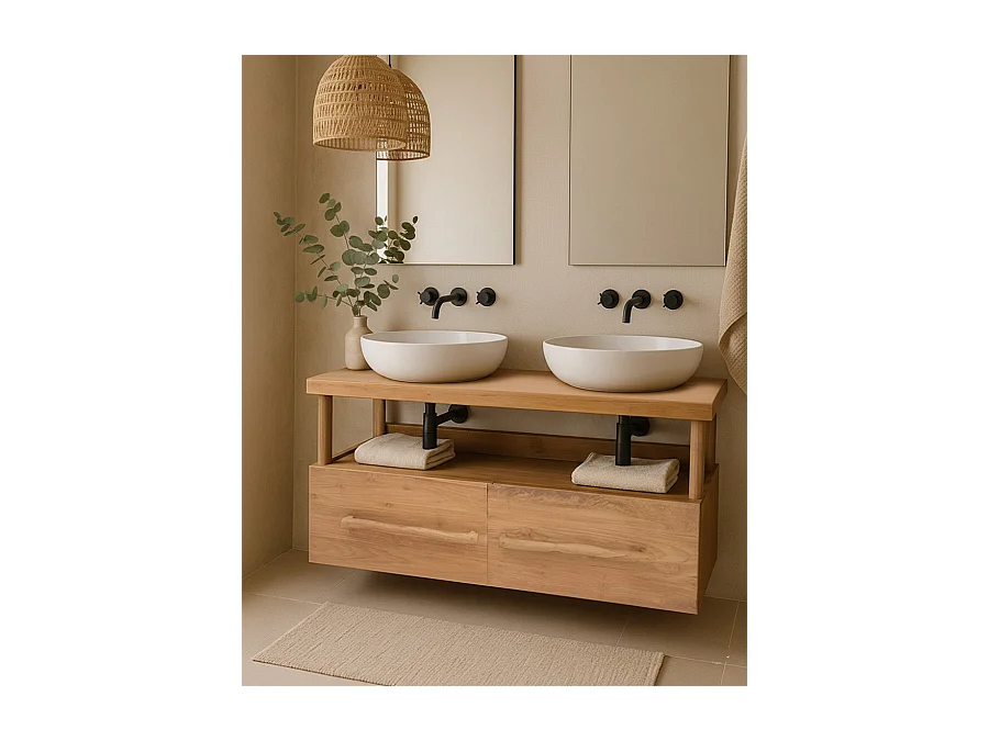 Névia - Meuble salle de bain en teck avec étagère en verre 140 cm