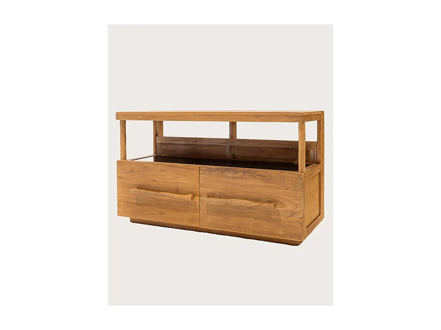 Névia - Meuble salle de bain en teck avec étagère en verre 140 cm