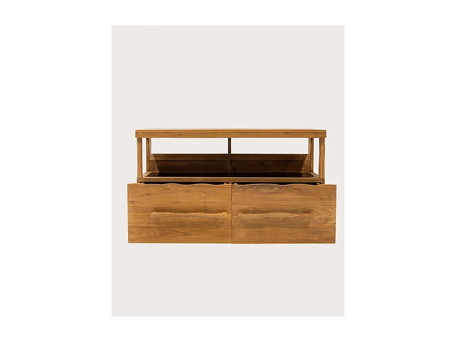 Névia - Meuble salle de bain en teck avec étagère en verre 140 cm