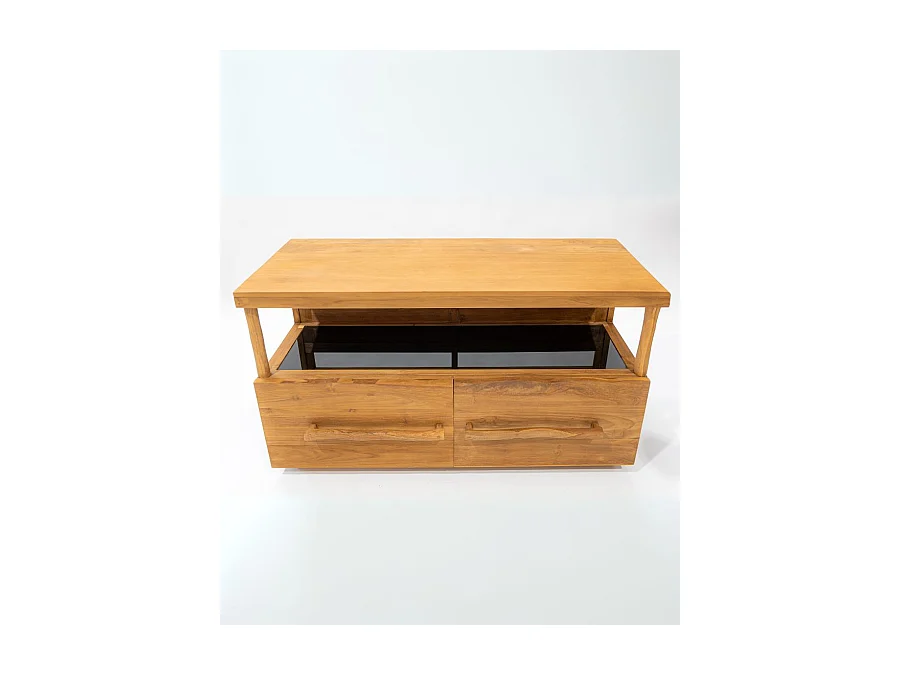 Névia - Meuble salle de bain en teck avec étagère en verre 140 cm