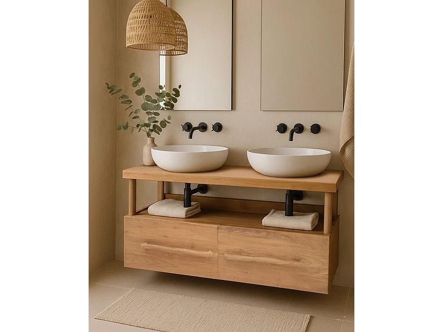 Névia - Meuble salle de bain en teck avec étagère en verre 140 cm