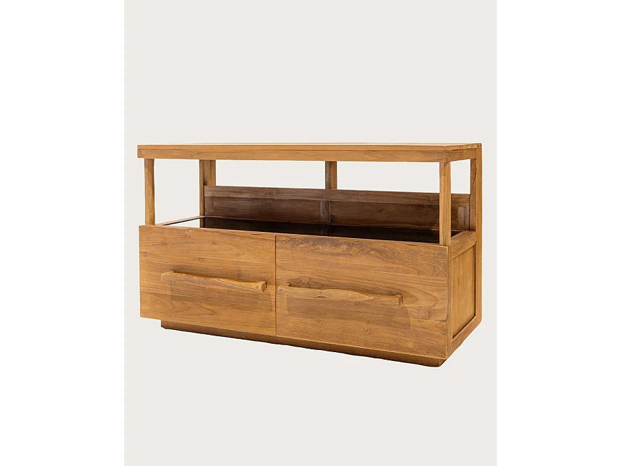 Névia - Meuble salle de bain en teck avec étagère en verre 140 cm