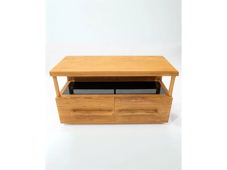 Névia - Meuble salle de bain en teck avec étagère en verre 140 cm