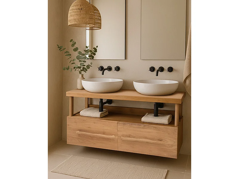 Névia - Meuble salle de bain en teck avec étagère en verre 140 cm