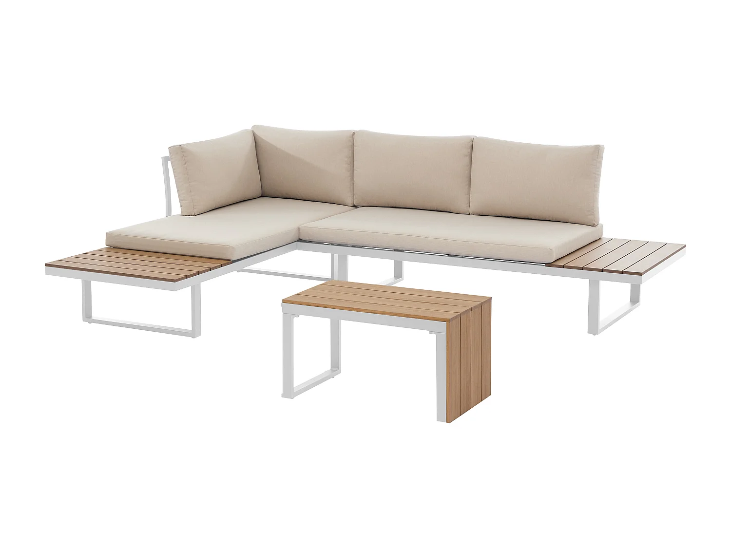 Conjunto de jardim modular em alumínio: 2 sofás e uma mesa de centro - Branco com almofadas bege - BAMBAÏA de MYLIA