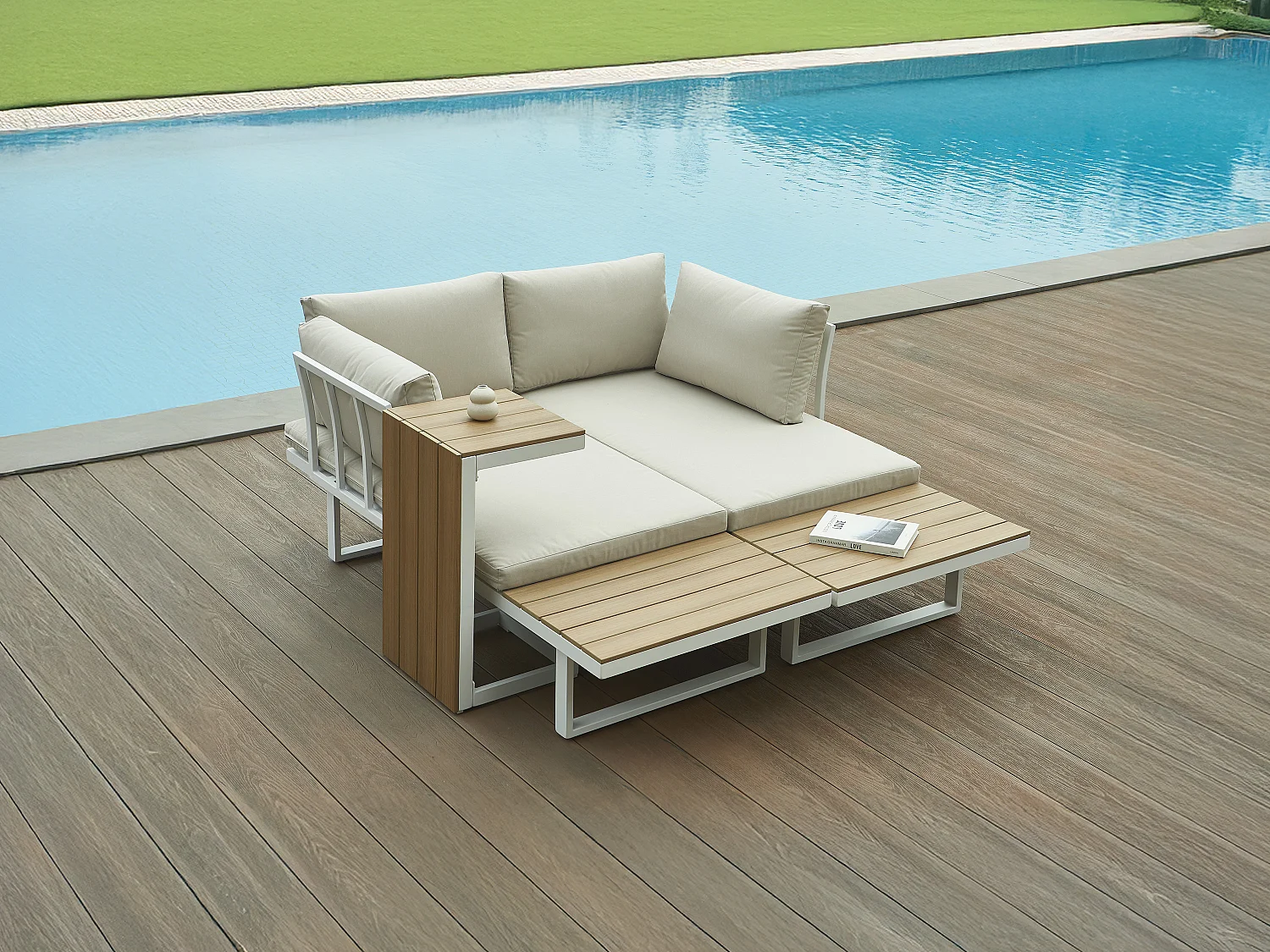 Conjunto de jardim modular em alumínio: 2 sofás e uma mesa de centro - Branco com almofadas bege - BAMBAÏA de MYLIA