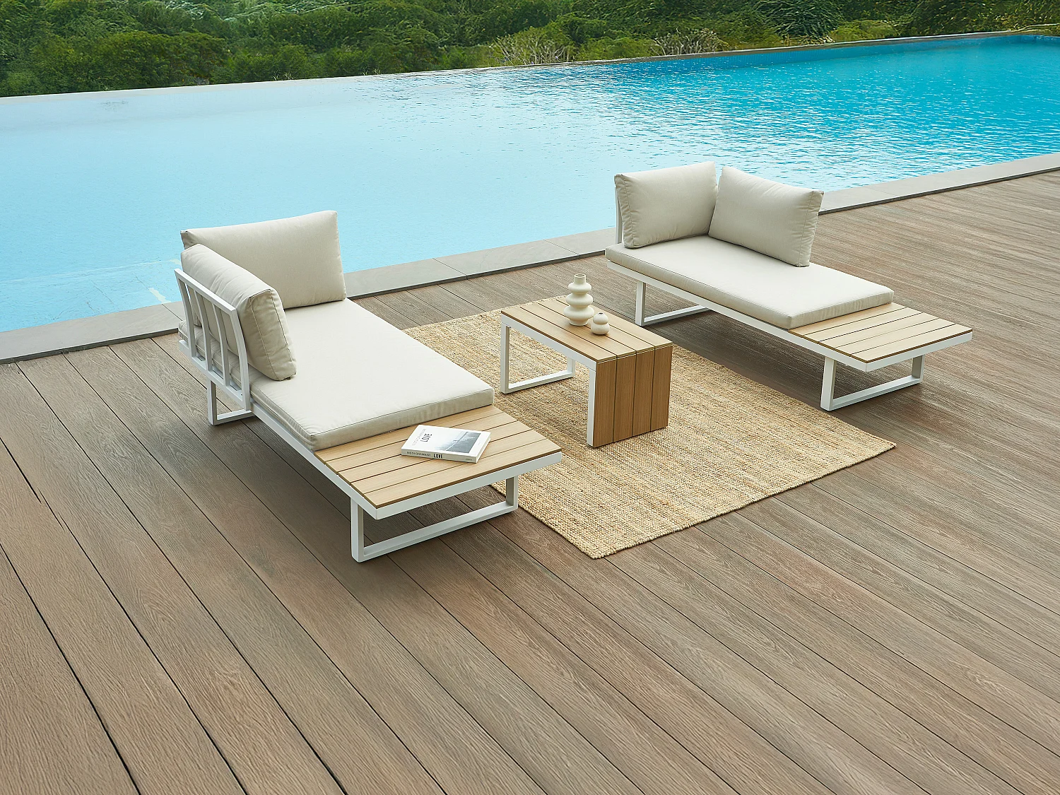 Conjunto de jardim modular em alumínio: 2 sofás e uma mesa de centro - Branco com almofadas bege - BAMBAÏA de MYLIA