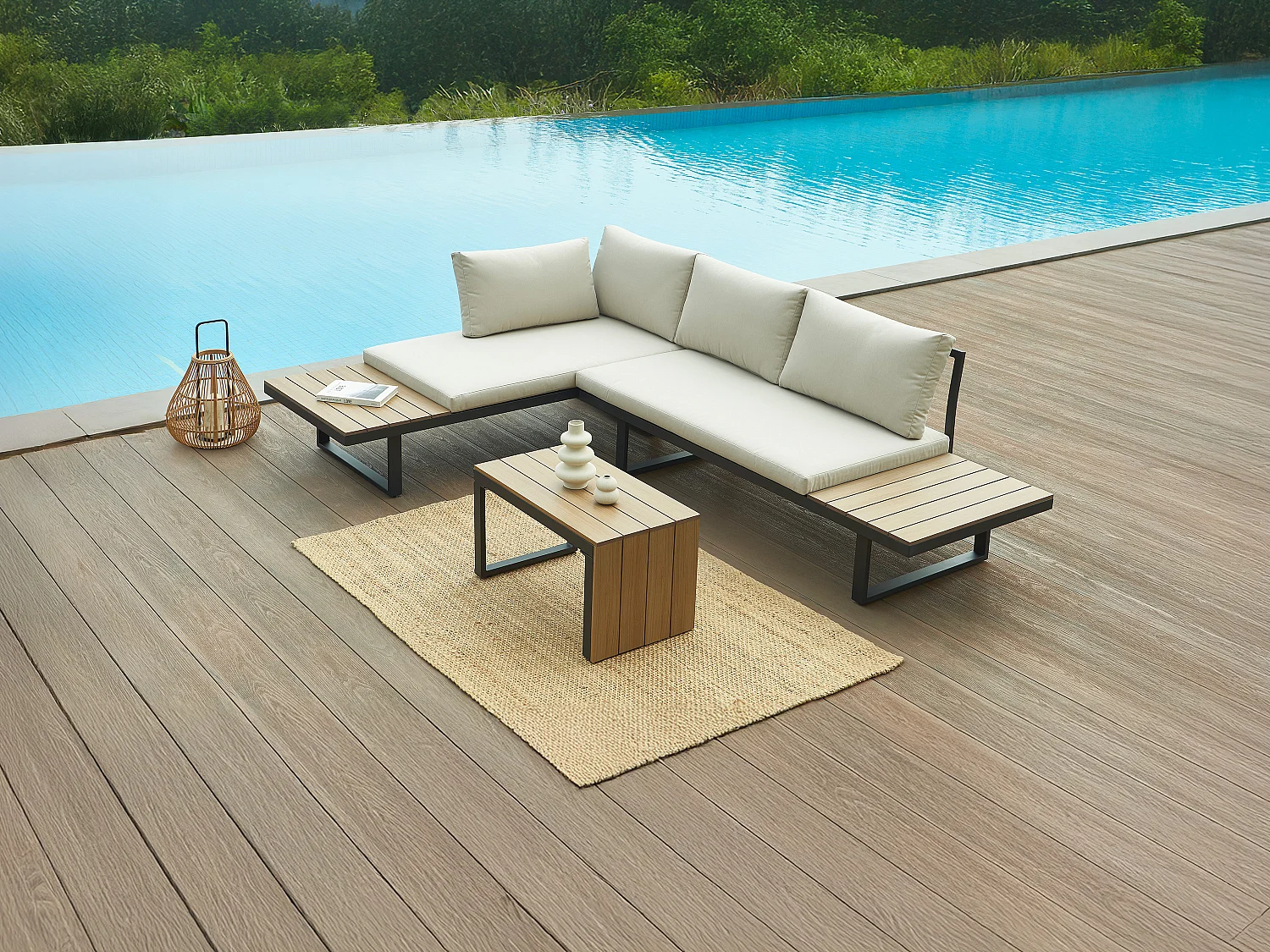 Conjunto de jardim modular em alumínio: 2 sofás e uma mesa de centro - Antracite com almofadas bege - BAMBAÏA de MYLIA