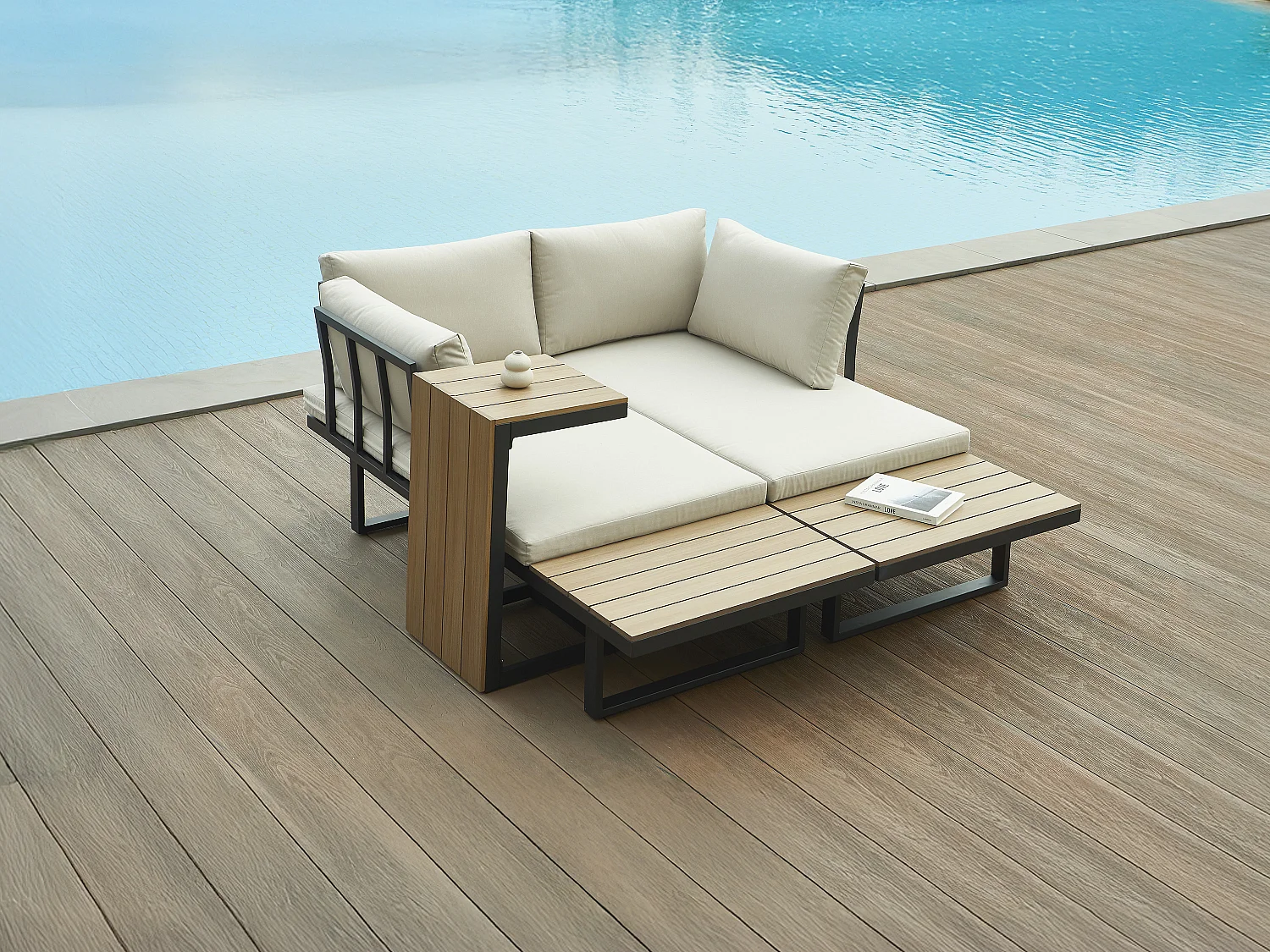 Conjunto de jardim modular em alumínio: 2 sofás e uma mesa de centro - Antracite com almofadas bege - BAMBAÏA de MYLIA