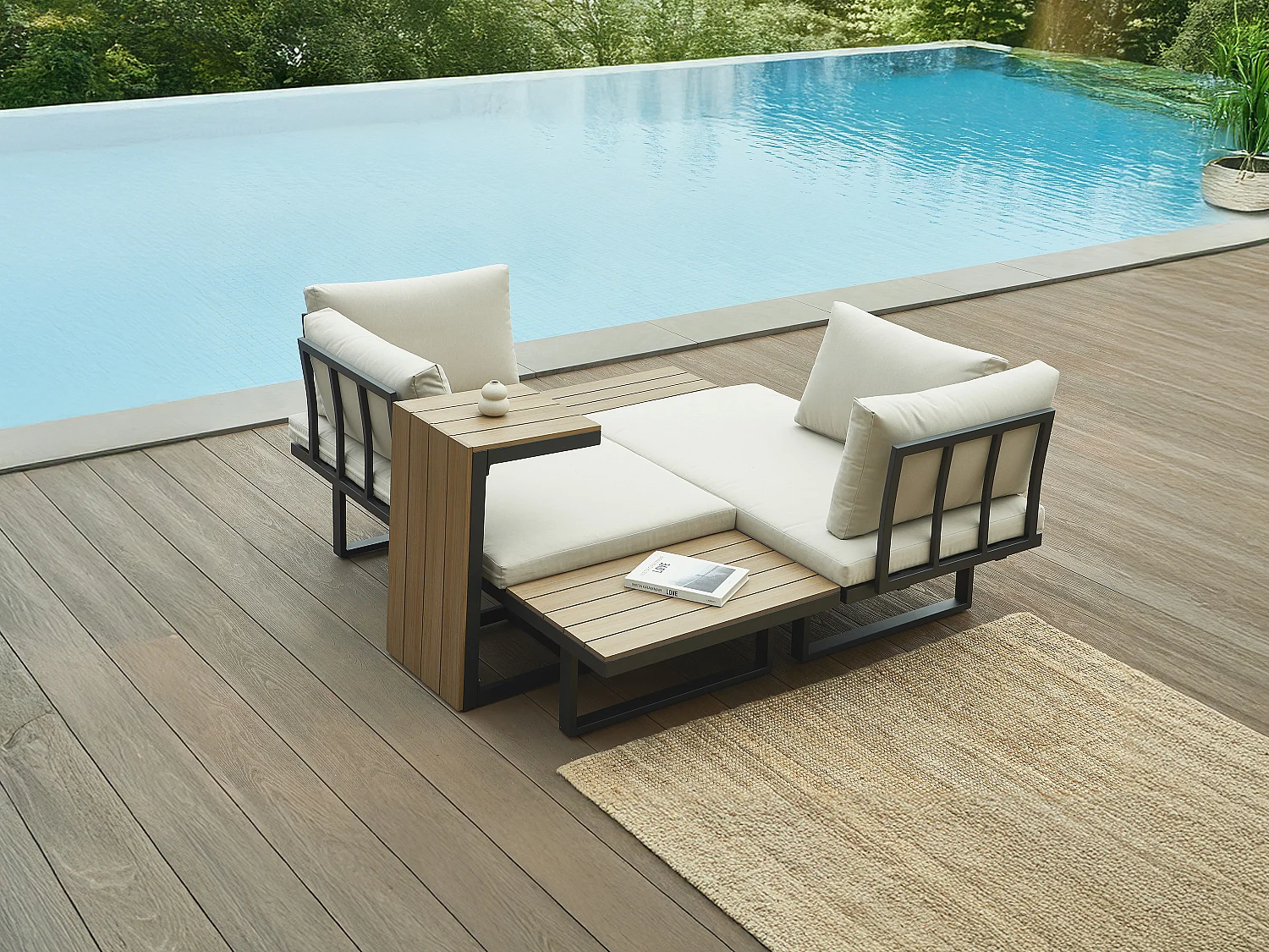 Conjunto de jardim modular em alumínio: 2 sofás e uma mesa de centro - Antracite com almofadas bege - BAMBAÏA de MYLIA