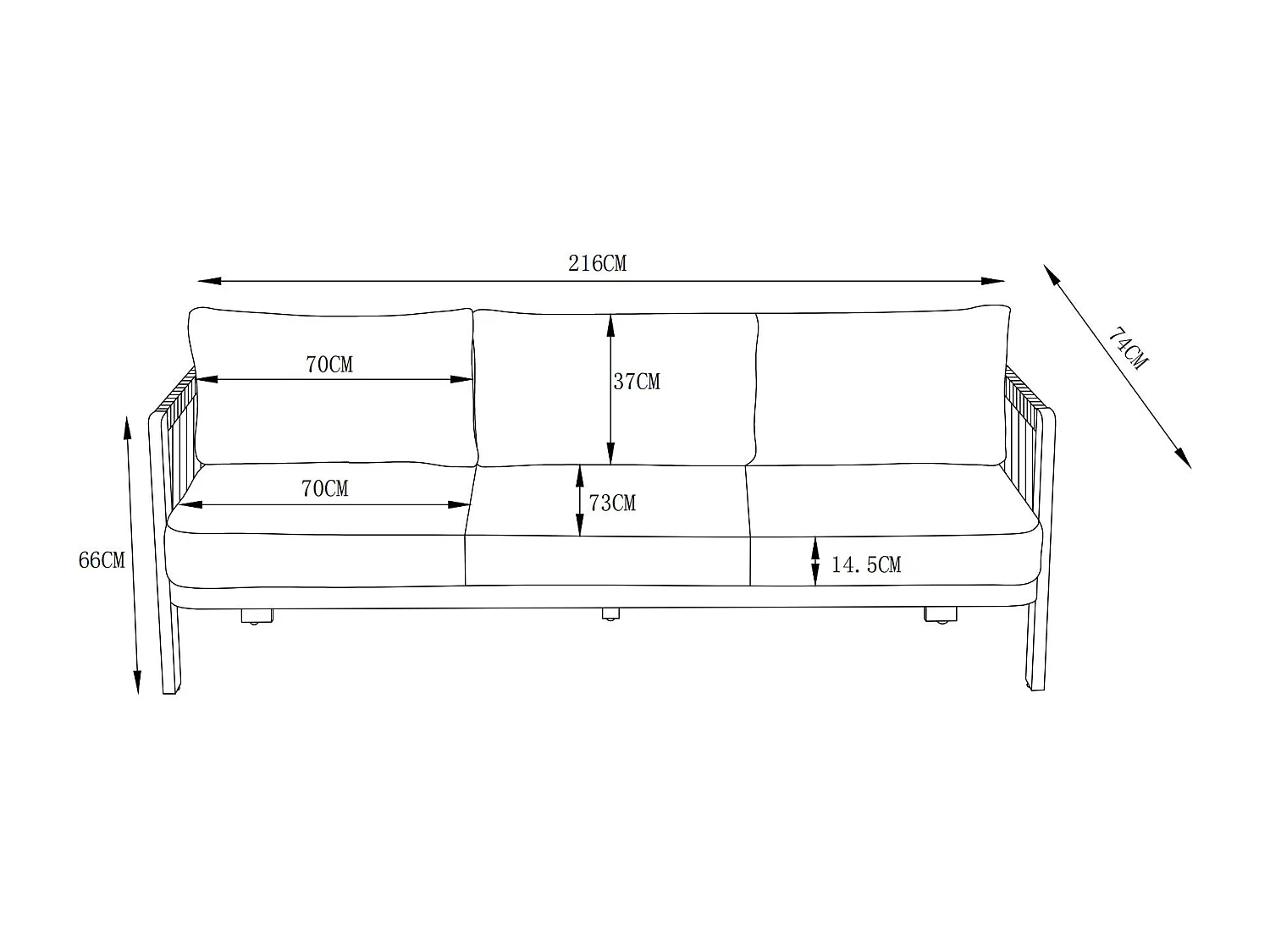 Canapé de jardin 3 places en aluminium et corde - Noir avec coussins beiges - HELYSI de MYLIA