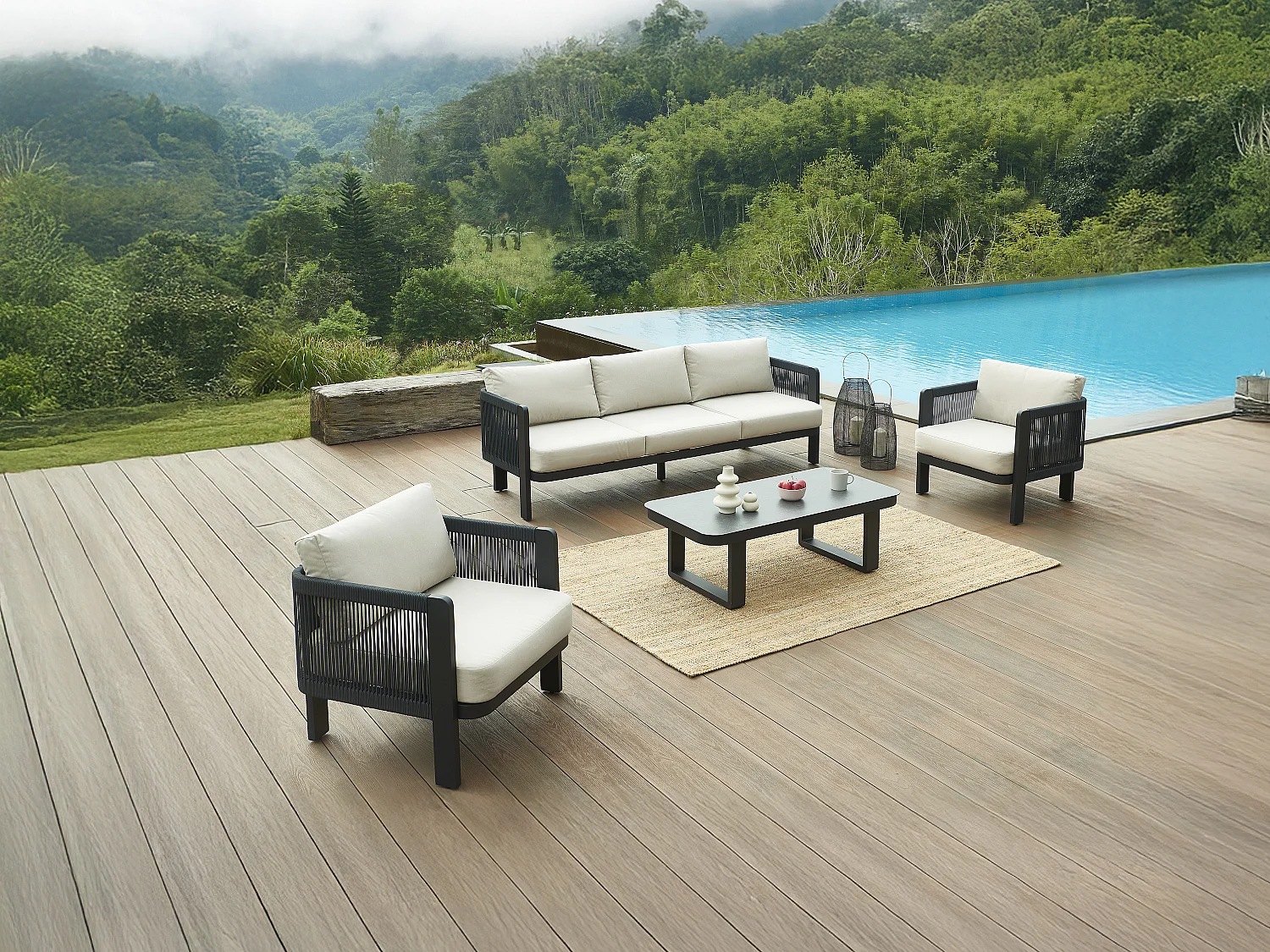 Canapé de jardin 3 places en aluminium et corde - Noir avec coussins beiges - HELYSI de MYLIA