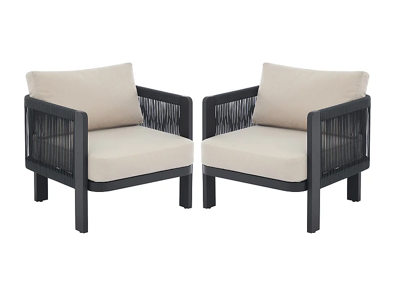 Lot de 2 fauteuils de jardin en aluminium et corde - Noir avec coussins beiges - HELYSI de MYLIA