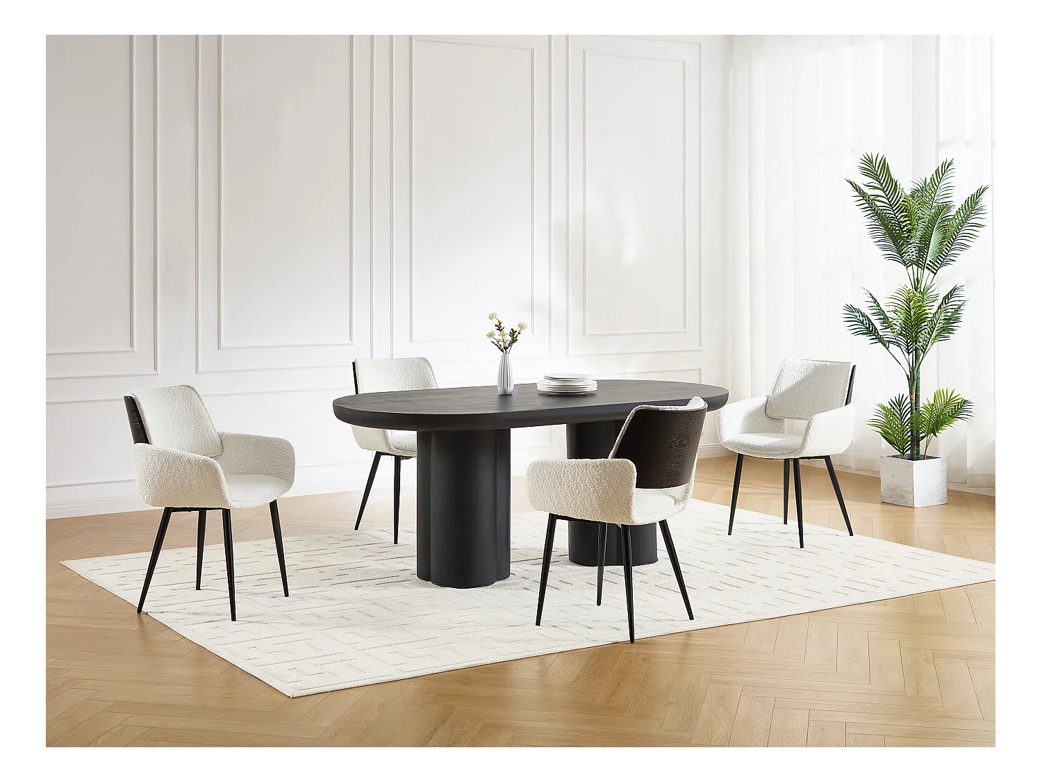 Lot de 6 chaises en tissu bouclette, placage frêne et métal noir - Blanc - ZURIKIA