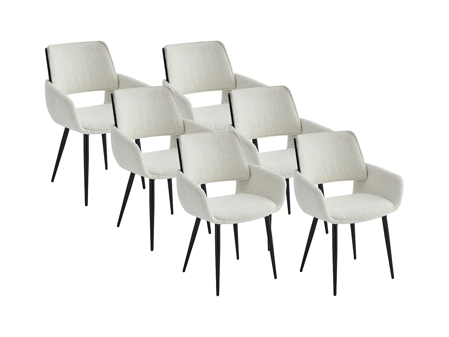 Stuhl 6er-Set - Bouclé-Stoff, Eschenfurnier & schwarzes Metall - Weiß - ZURIKIA