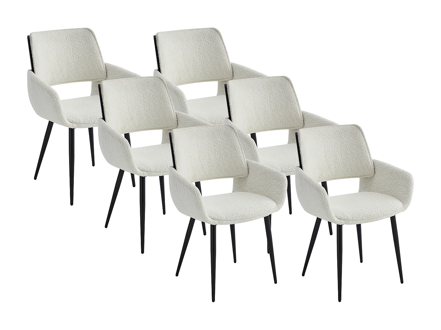 Stuhl 6er-Set - Bouclé-Stoff, Eschenfurnier & schwarzes Metall - Weiß - ZURIKIA