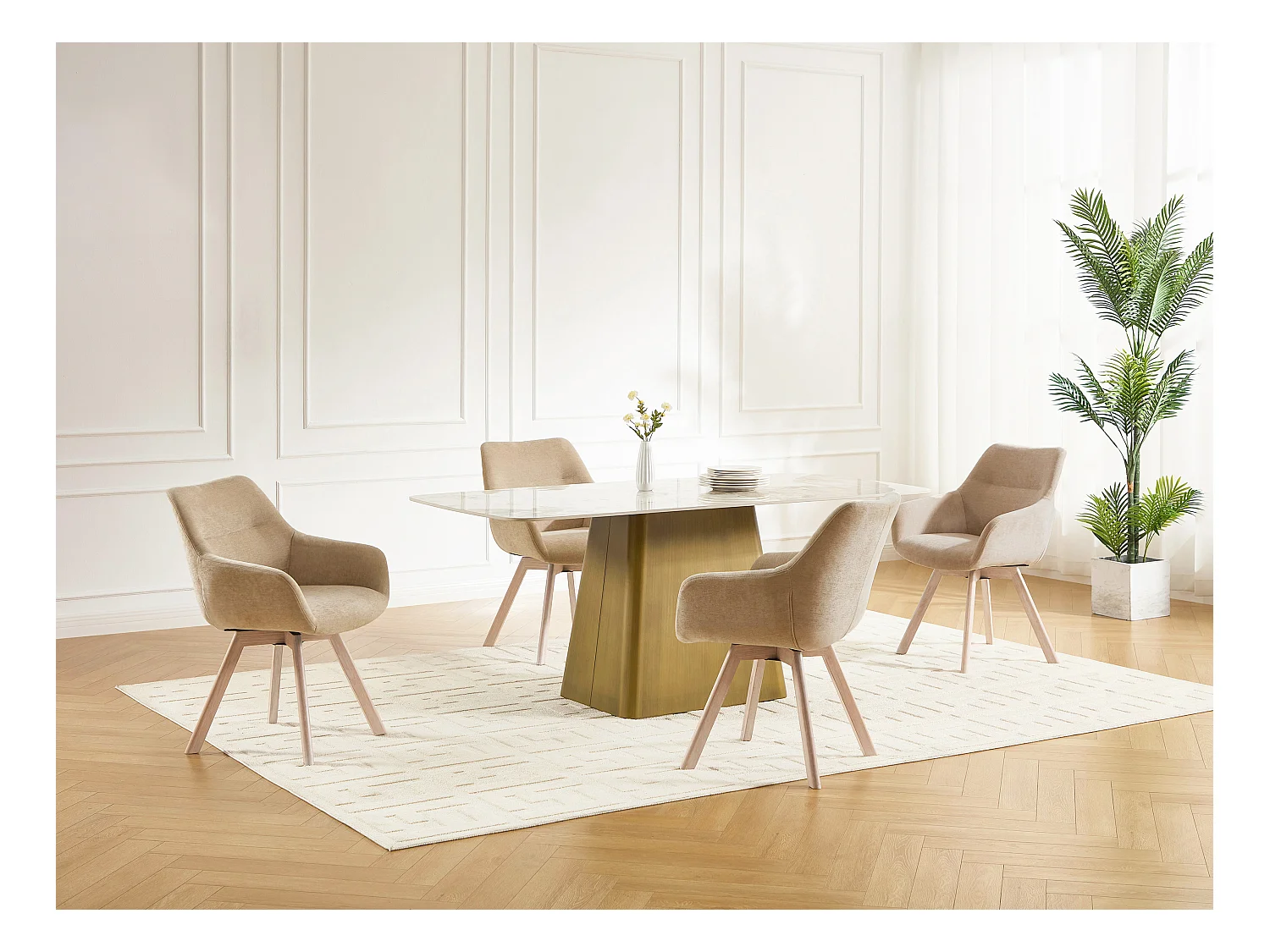 Lot de 6 chaises pivotantes avec accoudoirs en tissu et chêne - Beige - VELBURY