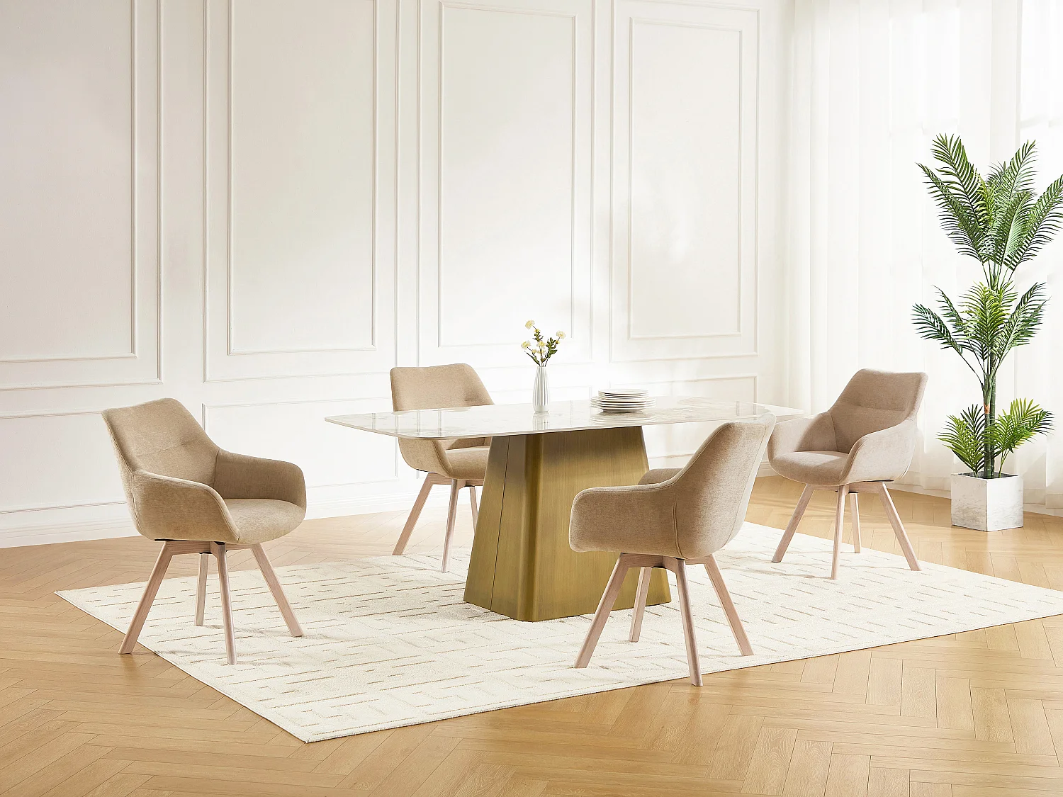 Lot de 6 chaises pivotantes avec accoudoirs en tissu et chêne - Beige - VELBURY