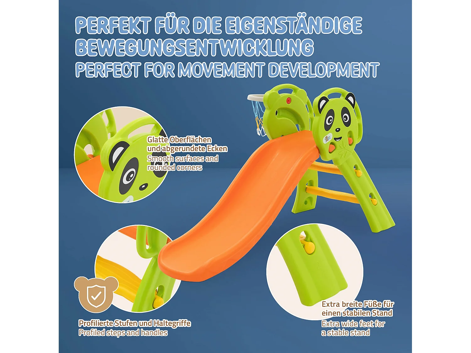 Toboggan pour enfants avec panier de basket en plastique HDPE/PP orange/vert/jaune petit ballon et pompe à air inclus convient à partir de 3 ans