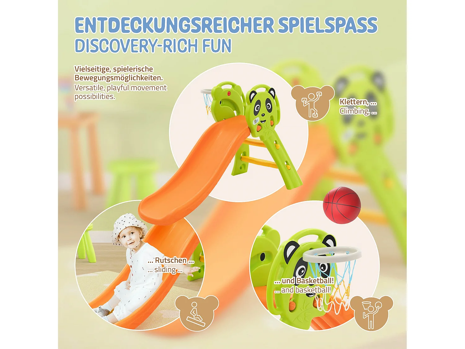 Toboggan pour enfants avec panier de basket en plastique HDPE/PP orange/vert/jaune petit ballon et pompe à air inclus convient à partir de 3 ans