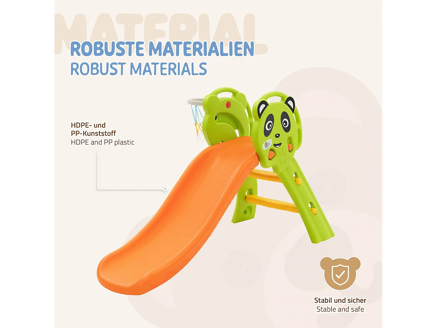 Toboggan pour enfants avec panier de basket en plastique HDPE/PP orange/vert/jaune petit ballon et pompe à air inclus convient à partir de 3 ans