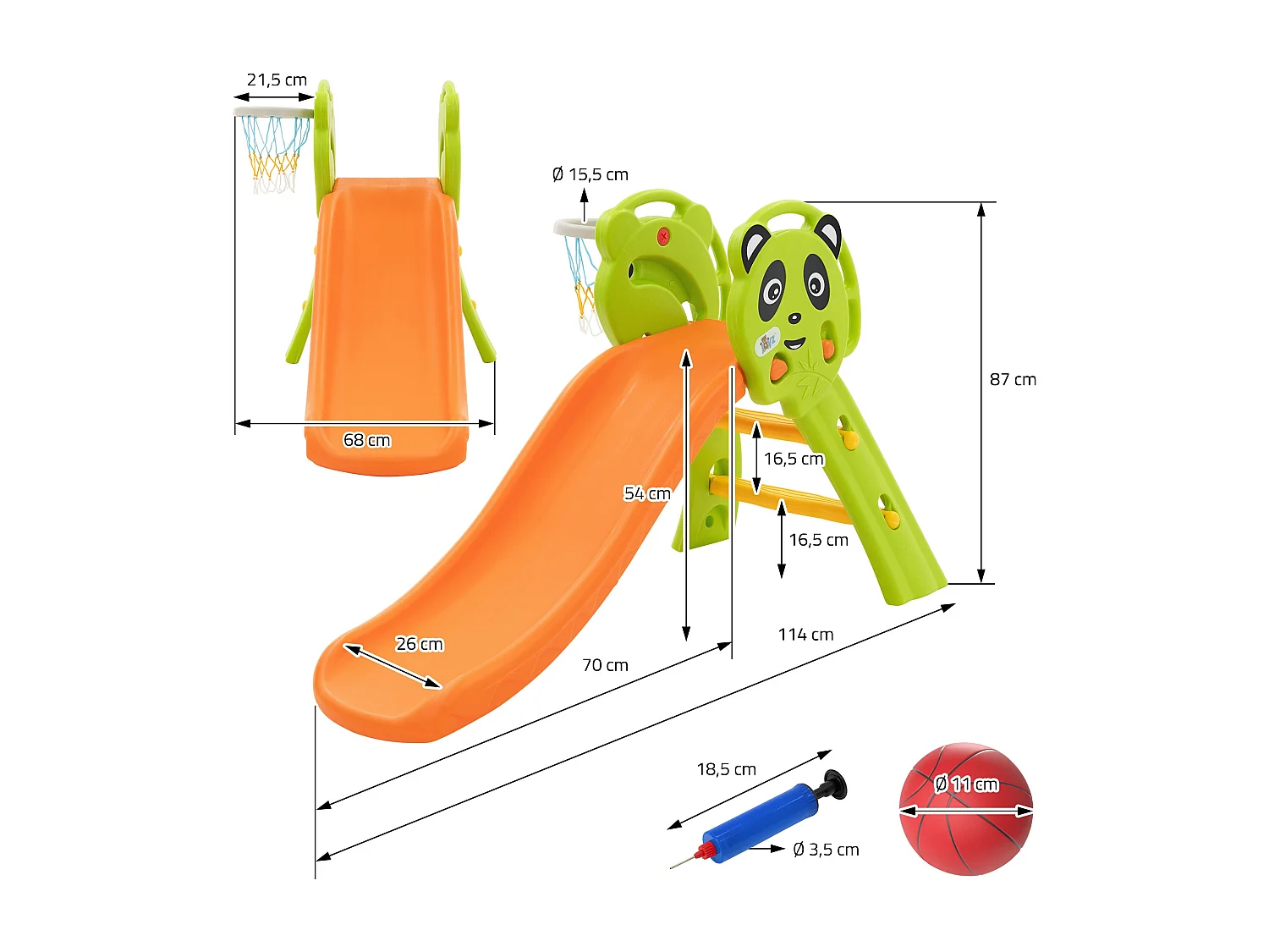 Toboggan pour enfants avec panier de basket en plastique HDPE/PP orange/vert/jaune petit ballon et pompe à air inclus convient à partir de 3 ans