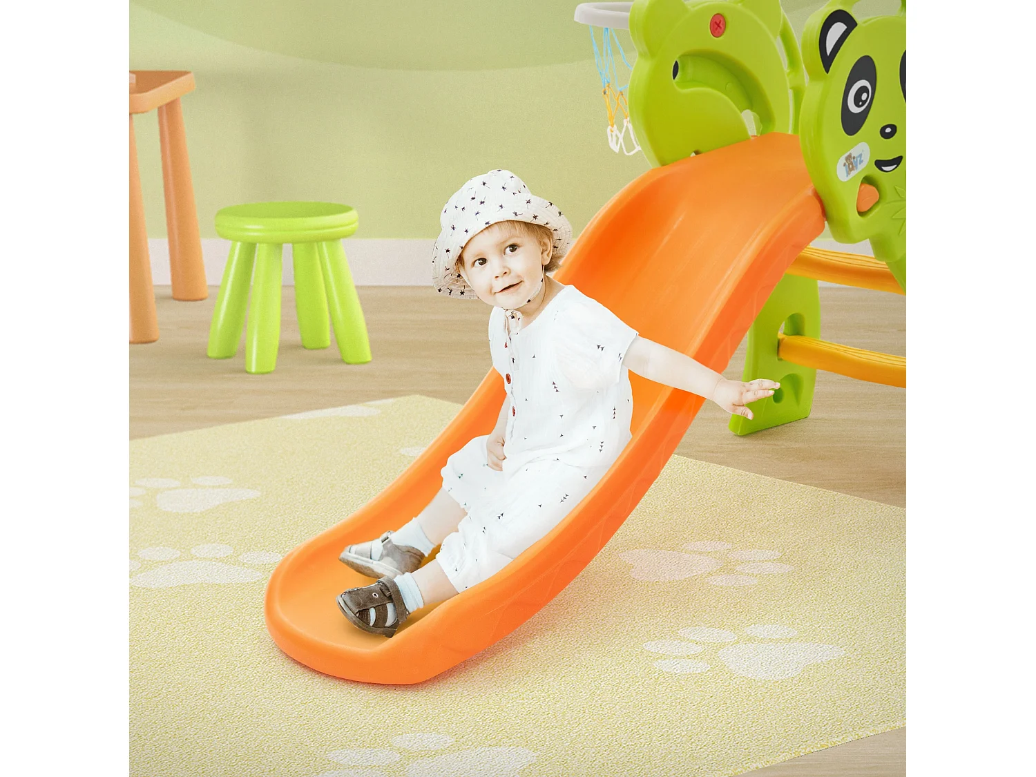 Toboggan pour enfants avec panier de basket en plastique HDPE/PP orange/vert/jaune petit ballon et pompe à air inclus convient à partir de 3 ans