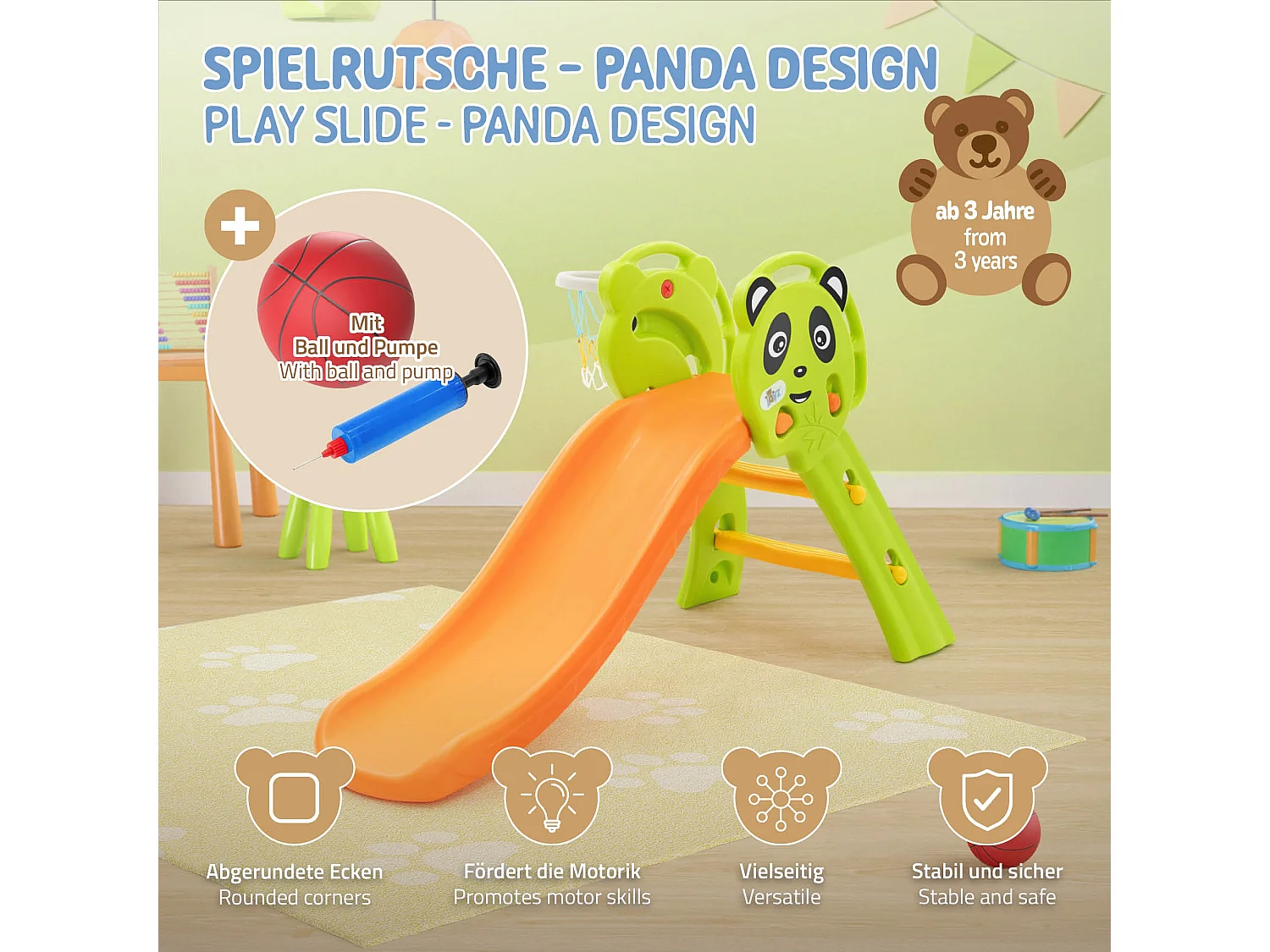 Toboggan pour enfants avec panier de basket en plastique HDPE/PP orange/vert/jaune petit ballon et pompe à air inclus convient à partir de 3 ans