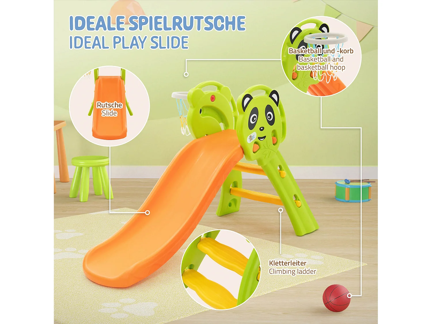 Toboggan pour enfants avec panier de basket en plastique HDPE/PP orange/vert/jaune petit ballon et pompe à air inclus convient à partir de 3 ans