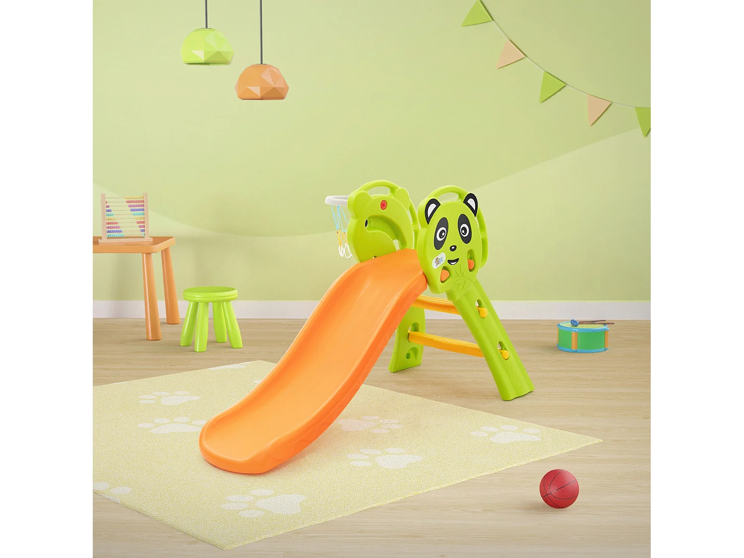 Toboggan pour enfants avec panier de basket en plastique HDPE/PP orange/vert/jaune petit ballon et pompe à air inclus convient à partir de 3 ans