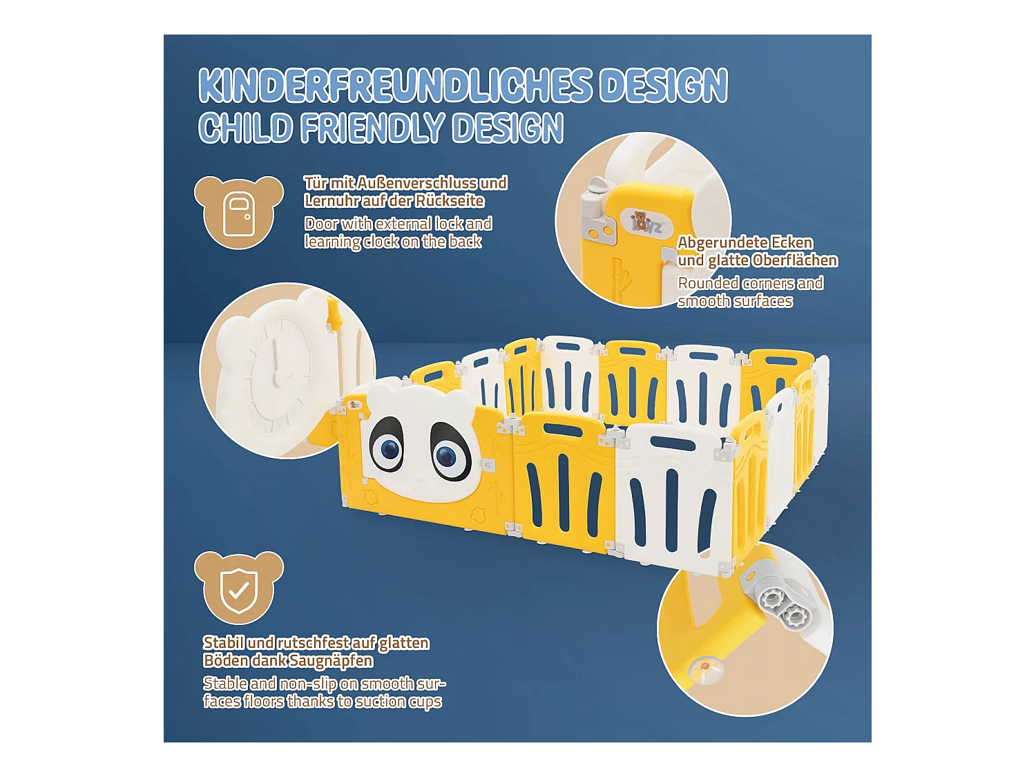 Joyz Box pieghevole per bambini 160x160 cm con design panda bianco giallo porta orologio didattico recinto in plastica per interni ed esterni neonati