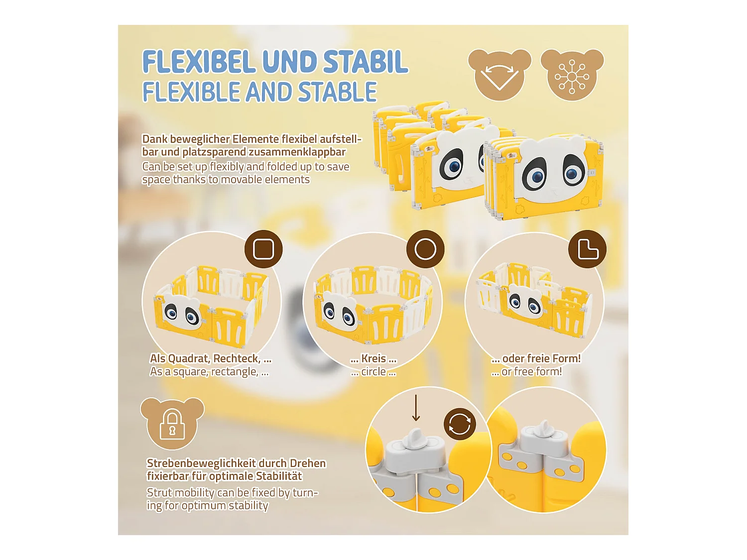Joyz Box pieghevole per bambini 160x160 cm con design panda bianco giallo porta orologio didattico recinto in plastica per interni ed esterni neonati