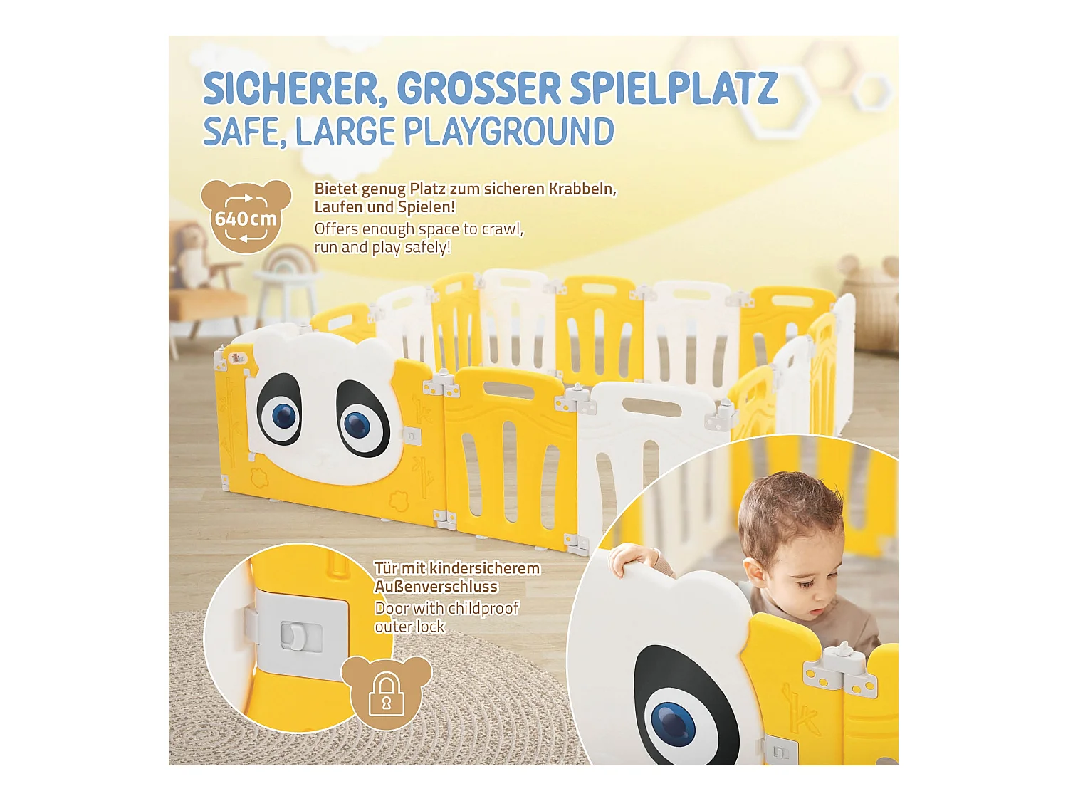 Joyz Box pieghevole per bambini 160x160 cm con design panda bianco giallo porta orologio didattico recinto in plastica per interni ed esterni neonati