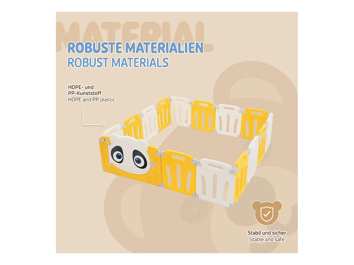 Joyz Box pieghevole per bambini 160x160 cm con design panda bianco giallo porta orologio didattico recinto in plastica per interni ed esterni neonati