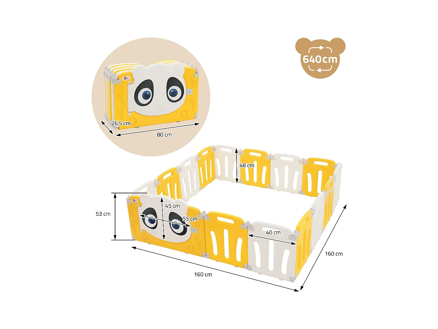 Joyz Box pieghevole per bambini 160x160 cm con design panda bianco giallo porta orologio didattico recinto in plastica per interni ed esterni neonati
