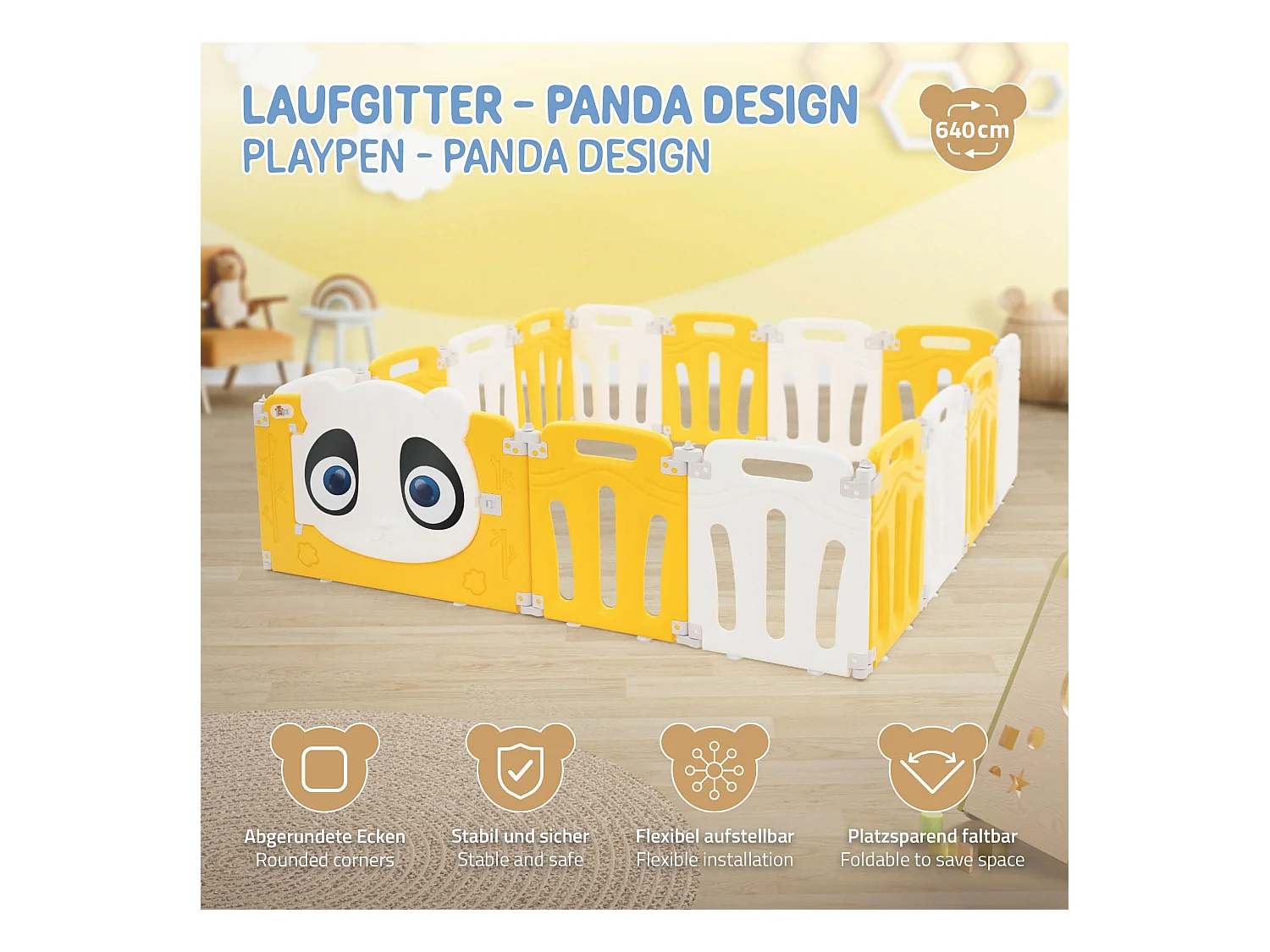 Joyz Parque infantil 160×160cm para bebés corralito infantil de plástico blanco amarillo diseño panda plegable actividades de interior/exterior