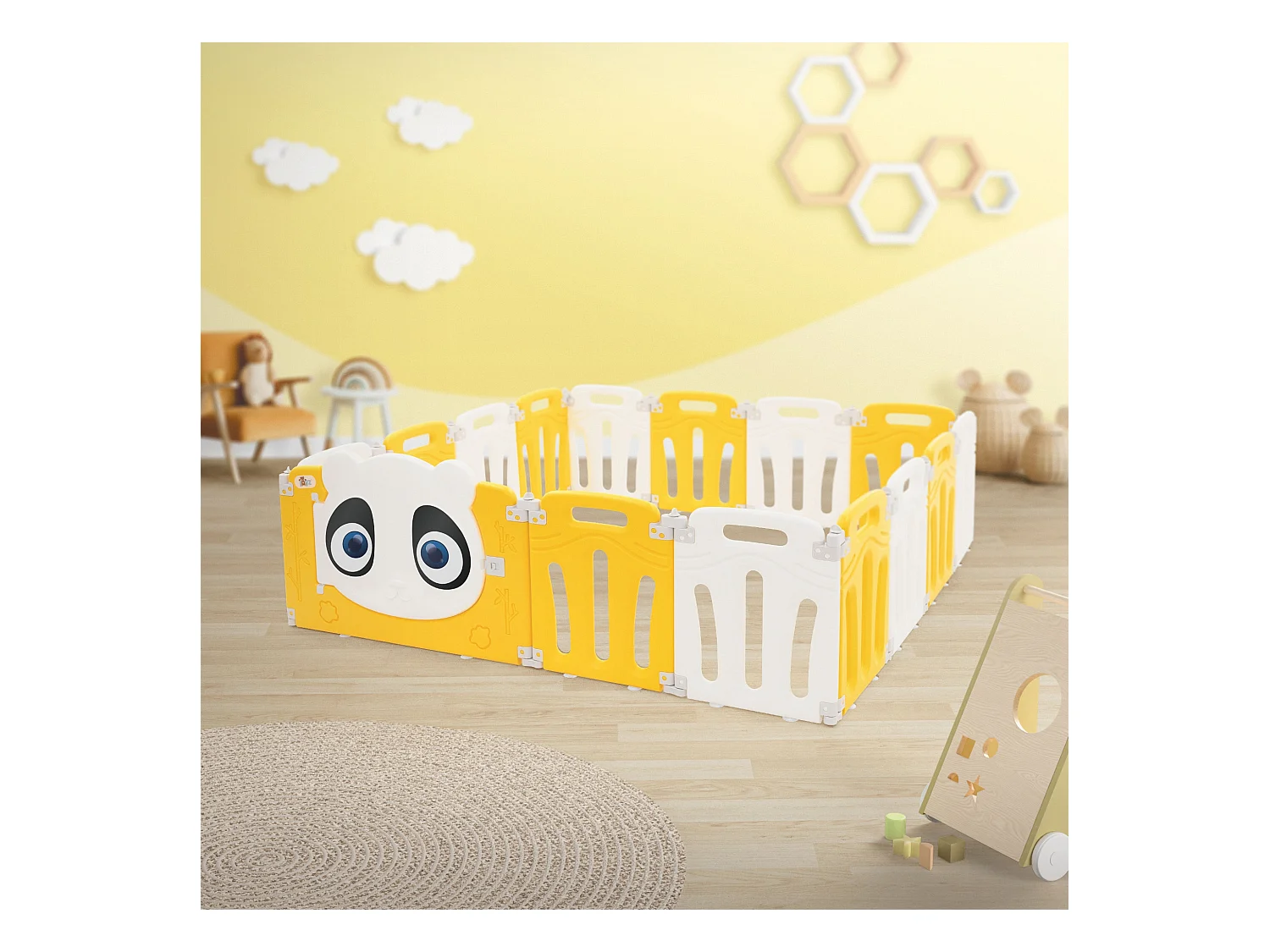 Joyz Parque infantil 160×160cm para bebés corralito infantil de plástico blanco amarillo diseño panda plegable actividades de interior/exterior