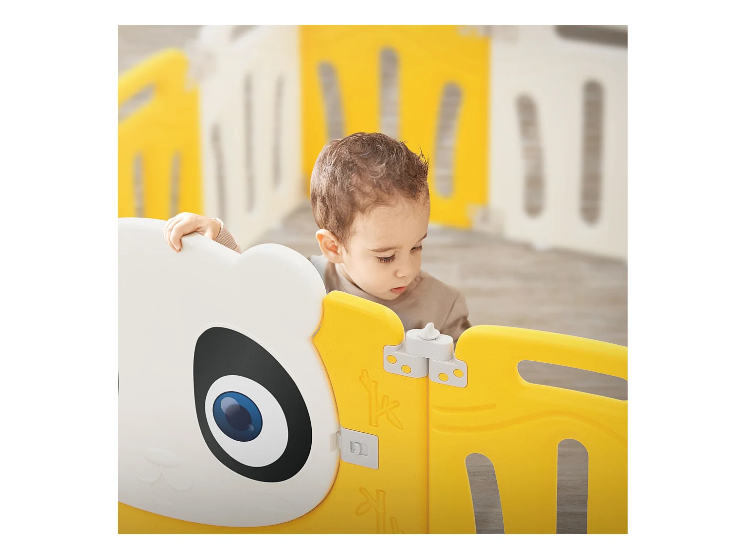 Joyz Parque infantil 160×160cm para bebés corralito infantil de plástico blanco amarillo diseño panda plegable actividades de interior/exterior