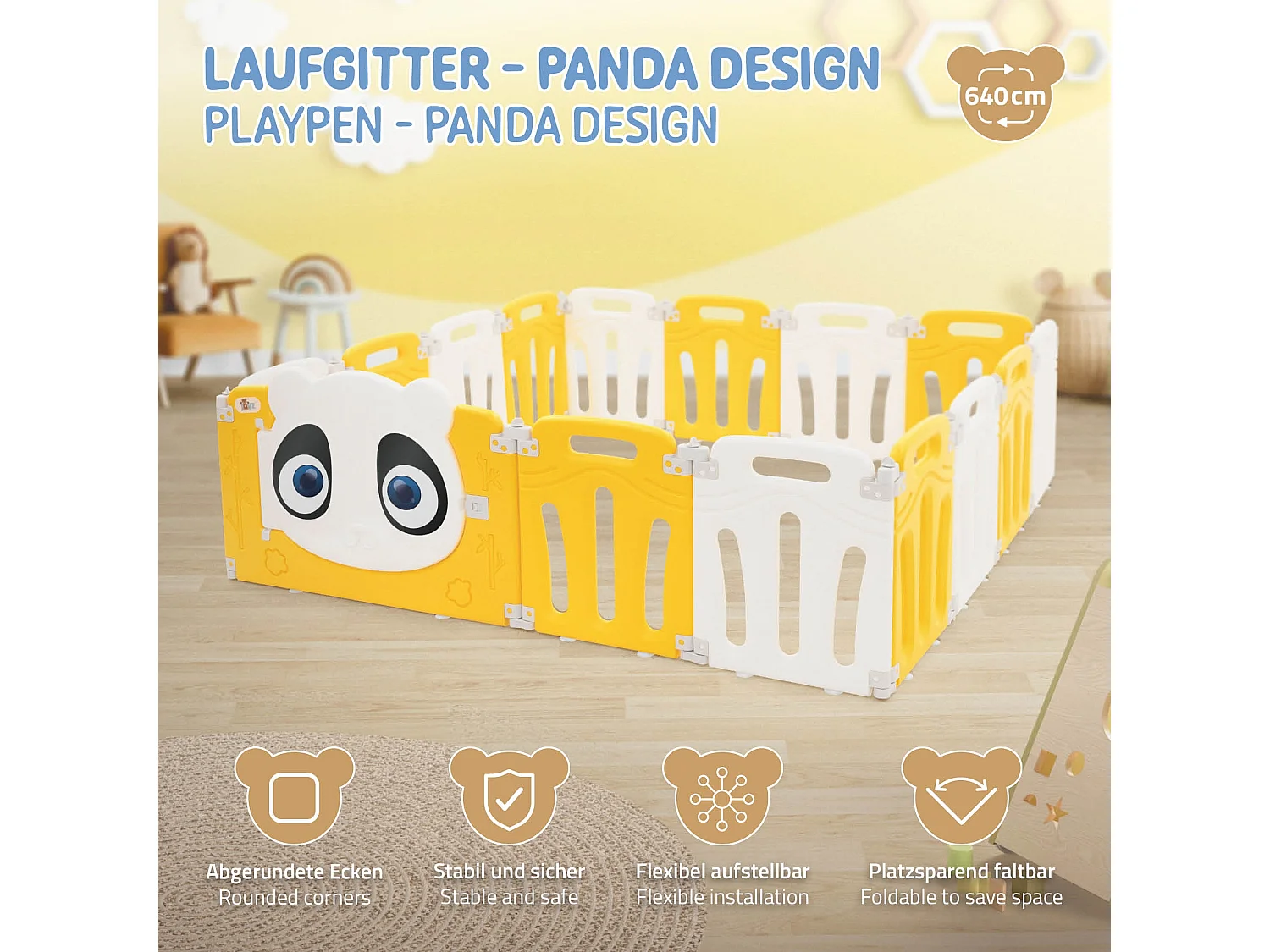 Parc bébé 640 cm 160x160 cm blanc-jeune avec 15 panneaux en plastique HDPE design Panda coins arrondis et surfaces lisses barrière extérieure sécurité