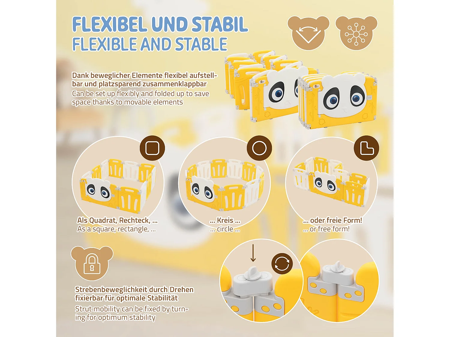 Parc bébé 640 cm 160x160 cm blanc-jeune avec 15 panneaux en plastique HDPE design Panda coins arrondis et surfaces lisses barrière extérieure sécurité