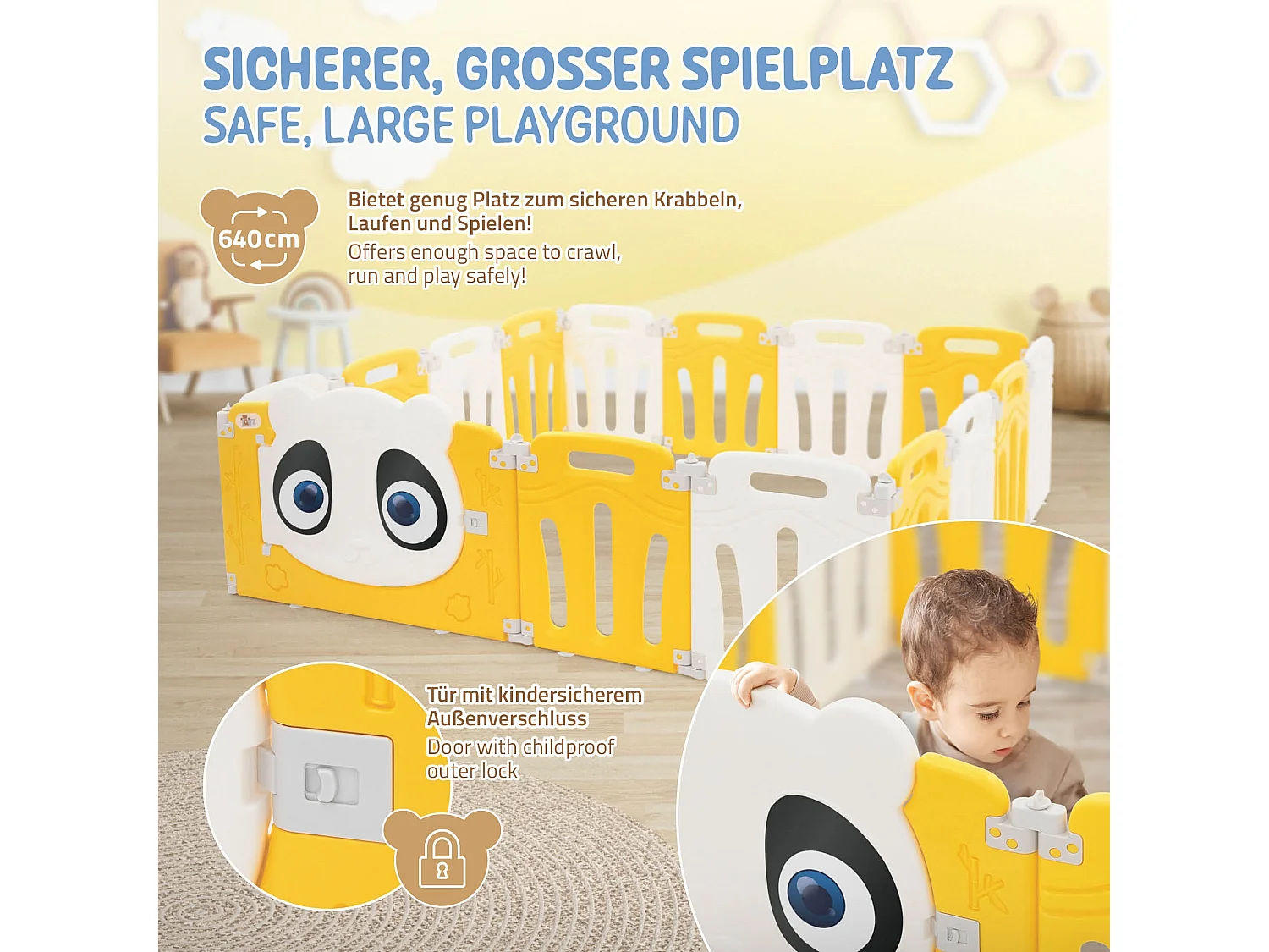 Parc bébé 640 cm 160x160 cm blanc-jeune avec 15 panneaux en plastique HDPE design Panda coins arrondis et surfaces lisses barrière extérieure sécurité