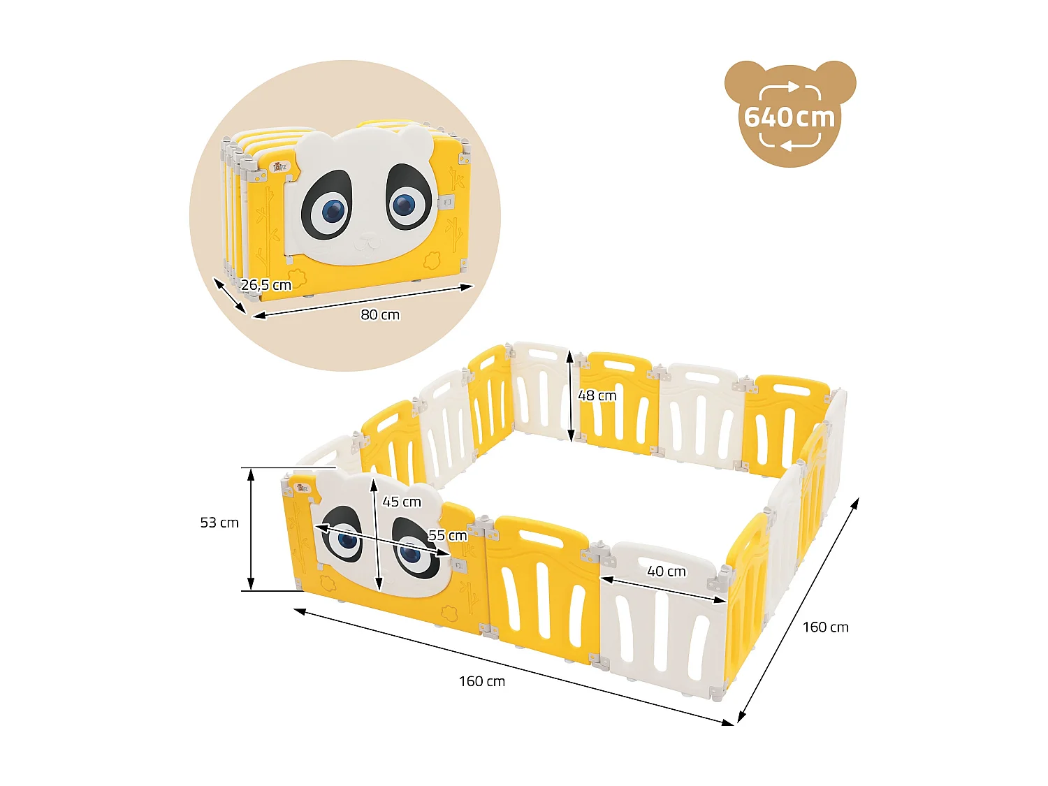 Parc bébé 640 cm 160x160 cm blanc-jeune avec 15 panneaux en plastique HDPE design Panda coins arrondis et surfaces lisses barrière extérieure sécurité