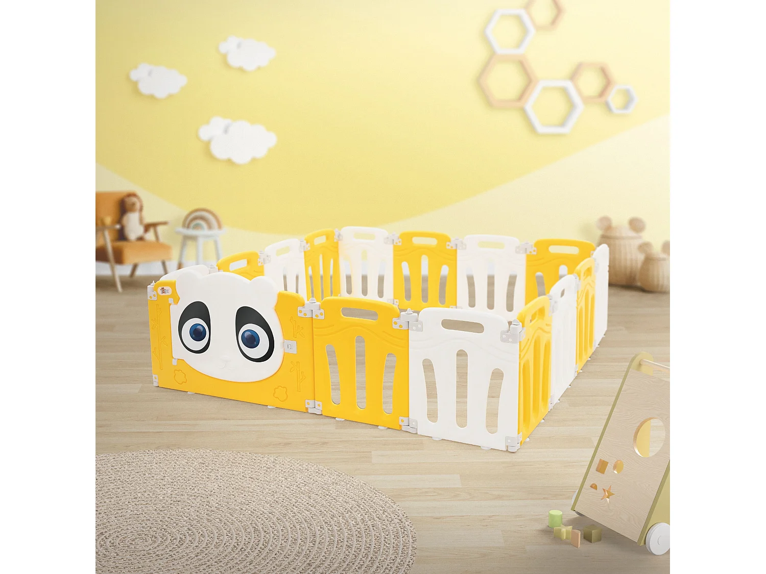 Parc bébé 640 cm 160x160 cm blanc-jeune avec 15 panneaux en plastique HDPE design Panda coins arrondis et surfaces lisses barrière extérieure sécurité