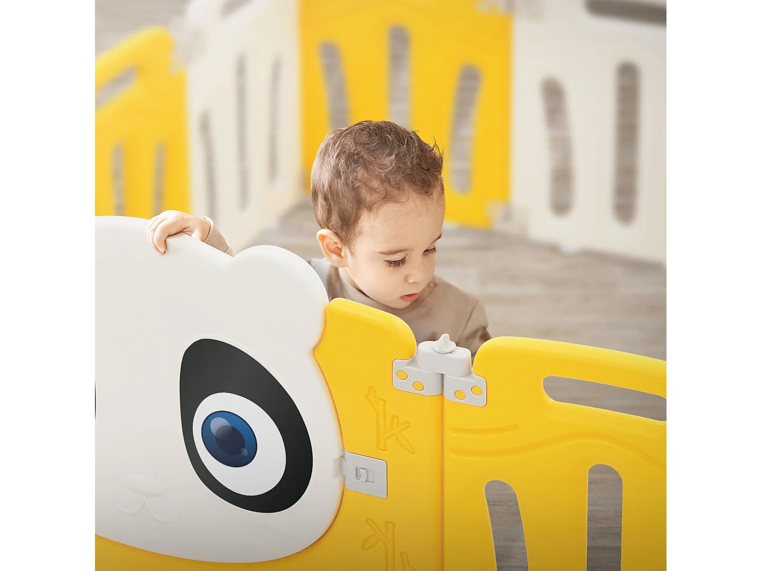 Parc bébé 640 cm 160x160 cm blanc-jeune avec 15 panneaux en plastique HDPE design Panda coins arrondis et surfaces lisses barrière extérieure sécurité