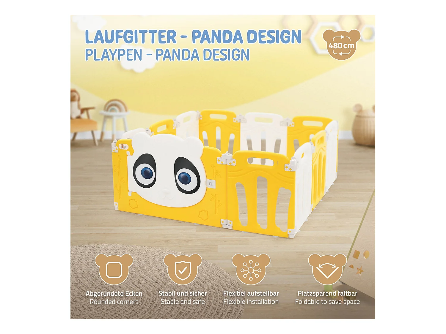 Joyz Parque infantil 120×120cm para bebés corralito infantil de plástico blanco amarillo diseño panda plegable actividades de interior/exterior