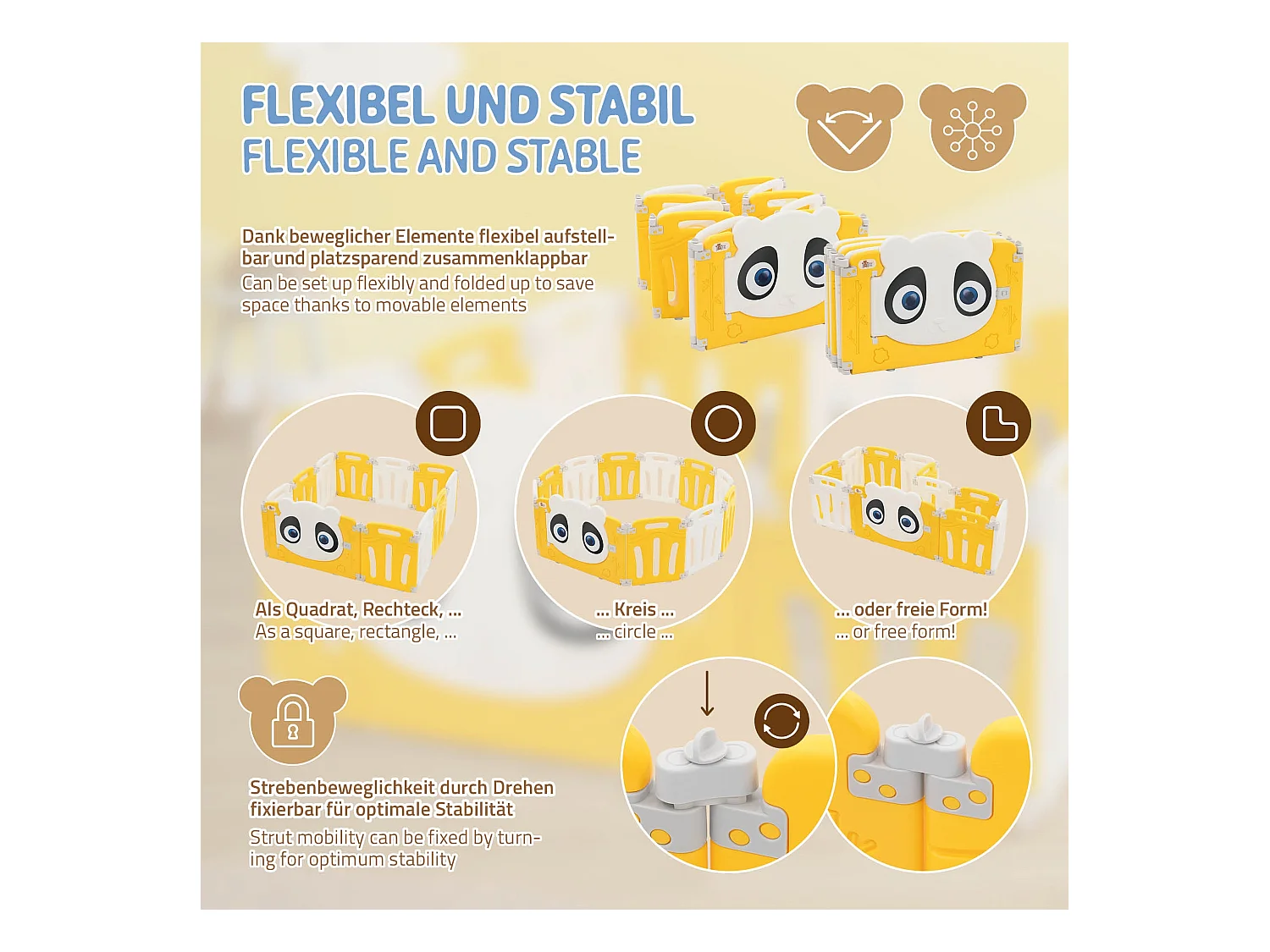 Joyz Parque infantil 120×120cm para bebés corralito infantil de plástico blanco amarillo diseño panda plegable actividades de interior/exterior