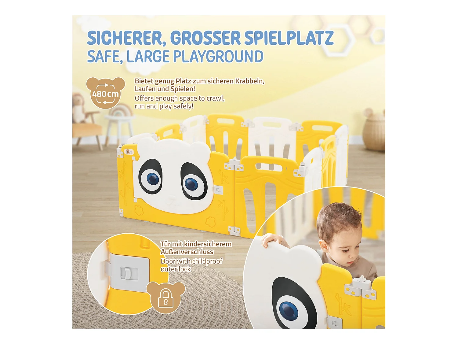 Joyz Parque infantil 120×120cm para bebés corralito infantil de plástico blanco amarillo diseño panda plegable actividades de interior/exterior